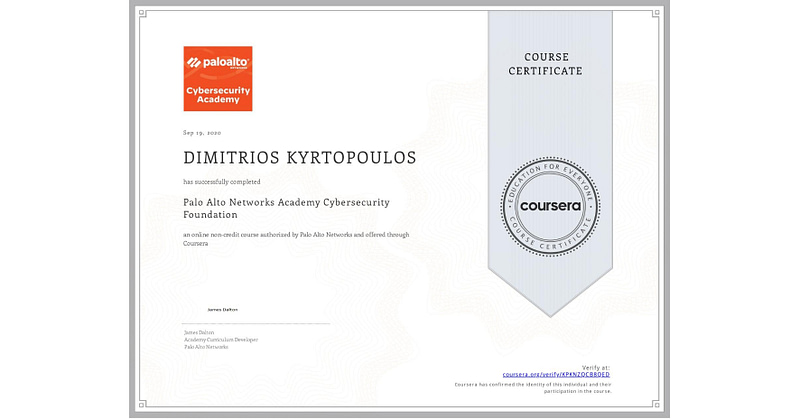 Palo Alto Networks Academy Cybersecurity Foundation Dimitris Kyrtopoulos