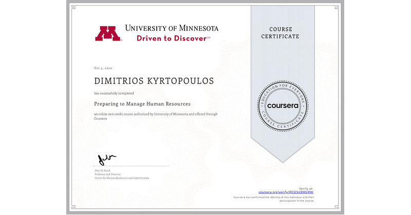 University of Minnesota – Preparing to Manage Human Resources Dimitris Kyrtopoulos