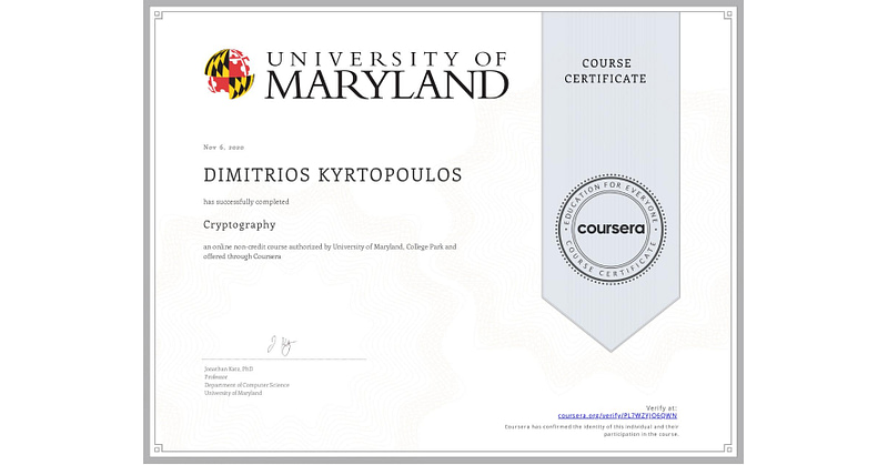 University of Maryland, College Park – Cryptography Dimitris Kyrtopoulos